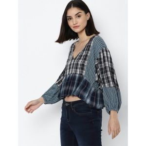 NWT American Eagle blue plaid mixed media crop people top (small)